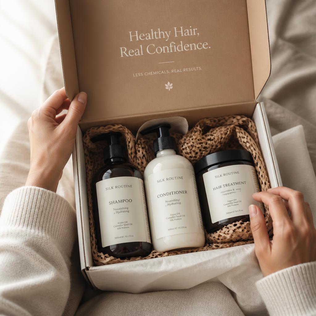 First-person view of hands opening a haircare brand delivery box with shampoo, conditioner, and treatment products inside